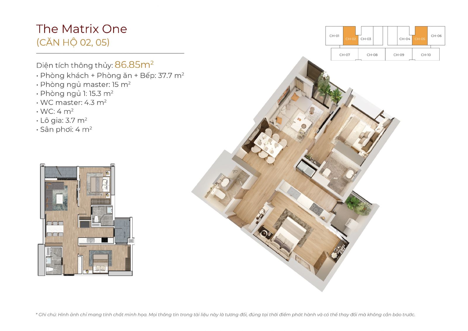 Thiết kế căn hộ 02 và 05 (Diện tích Thông thủy: 86.85m2)